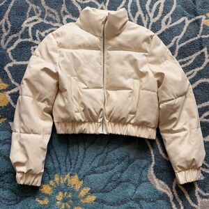 Y2K Cropped Puffer Jacket Cream Off-White Short Bubble Coat Clean Girl Aesthetic